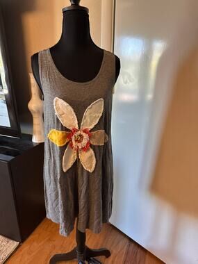 Boho Heather Grey Tank Dress with Artisanal 3D Floral Appliqué Raw Edge Flower
